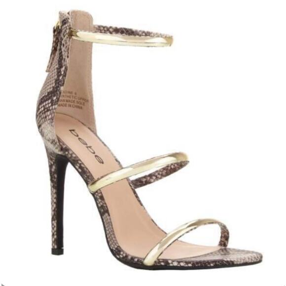 NEW Bebe Berdine Ankle Strap Sandal Snake Skin and Gold Strappy Heels Size 8.5 - Picture 1 of 7